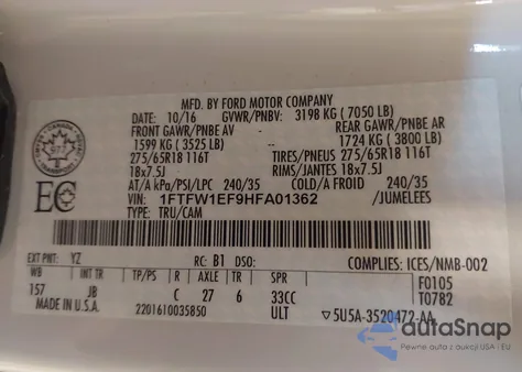 2017 Ford F-150 Xlt z USA, uszkodzony, nr VIN 1FTFW1EF9HFA01362